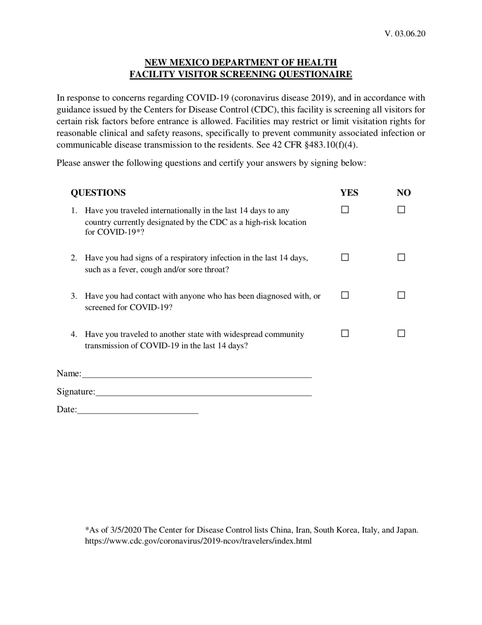Facility Visitor Screening Questionnaire - New Mexico, Page 1