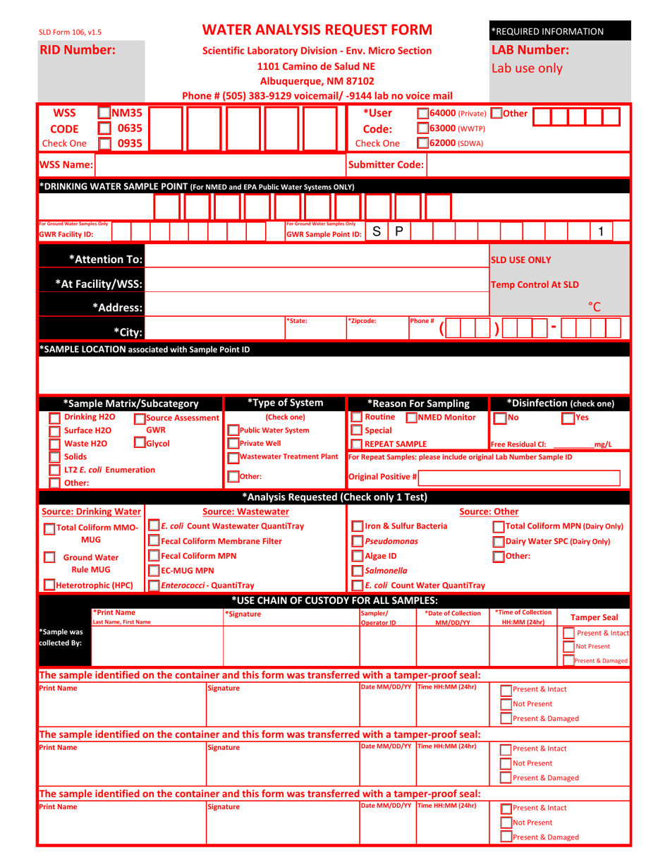 SLD Form 106 Water Analysis Request Form - New Mexico, Page 1