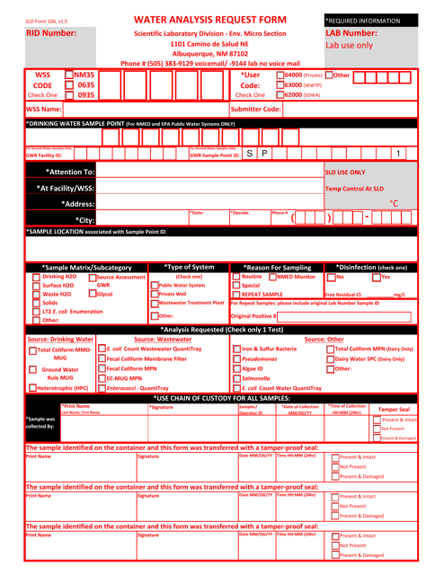SLD Form 106 Water Analysis Request Form - New Mexico