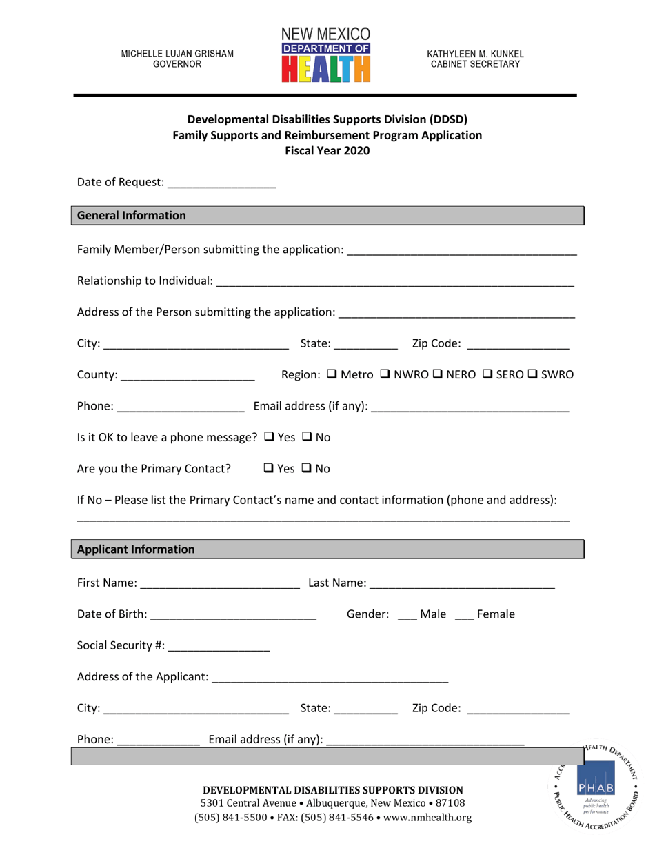 Family Supports and Reimbursement Program Application - New Mexico, Page 1