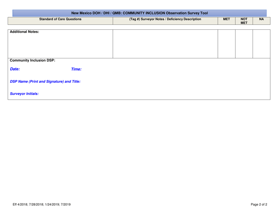 New Mexico Doh / Dhi / Qmb: Community Inclusion Observation Survey Tool - New Mexico, Page 2
