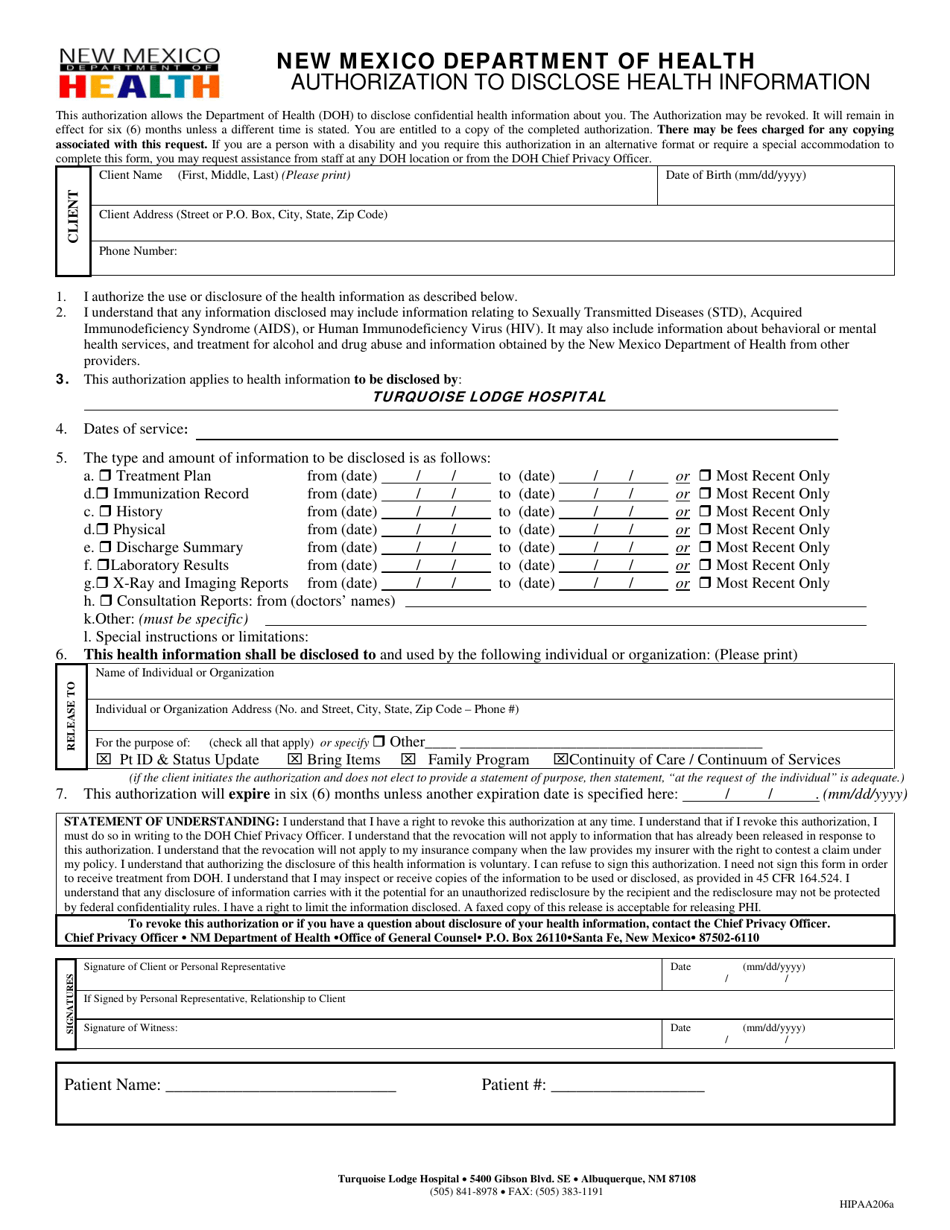 Form HIPPA206A Turquoise Lodge Authorization to Disclose Health Information - New Mexico, Page 1