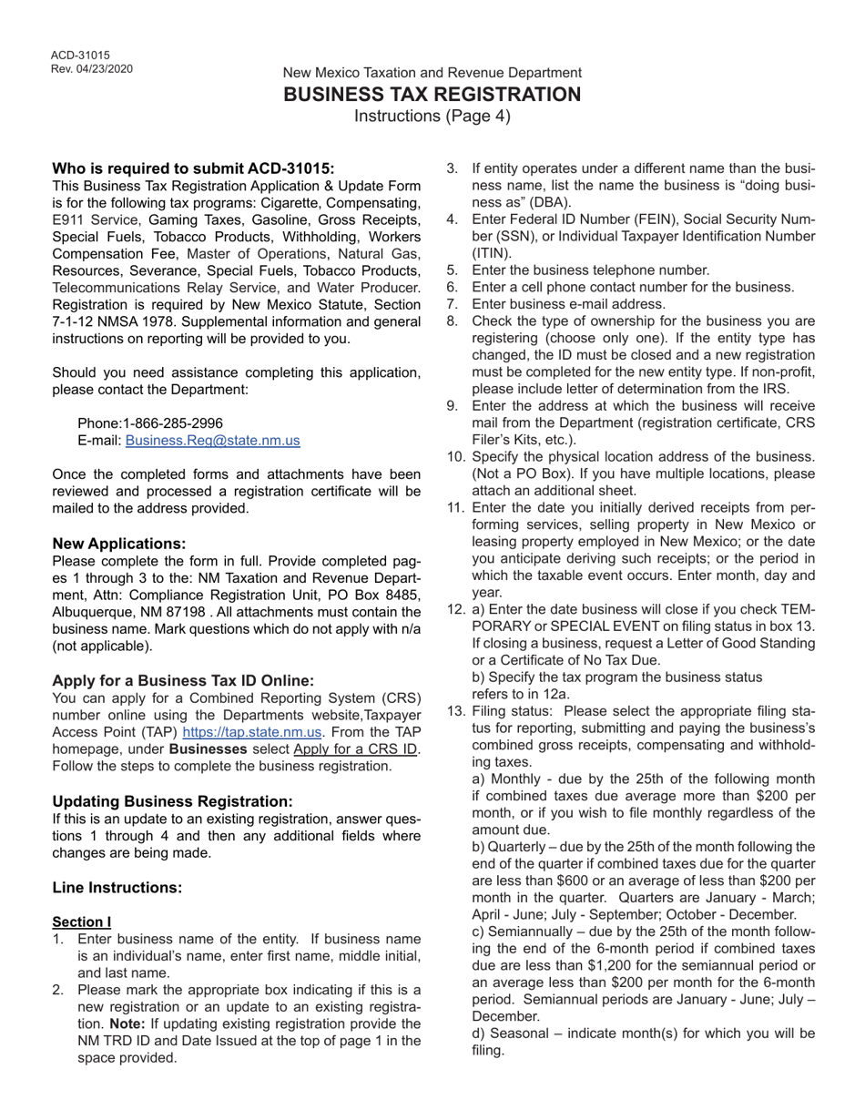 Form ACD-31015 Business Tax Registration Application and Update Form - New Mexico, Page 4