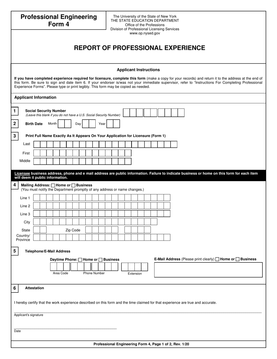 Professional Engineering Form 4 Report of Professional Experience - New York, Page 1