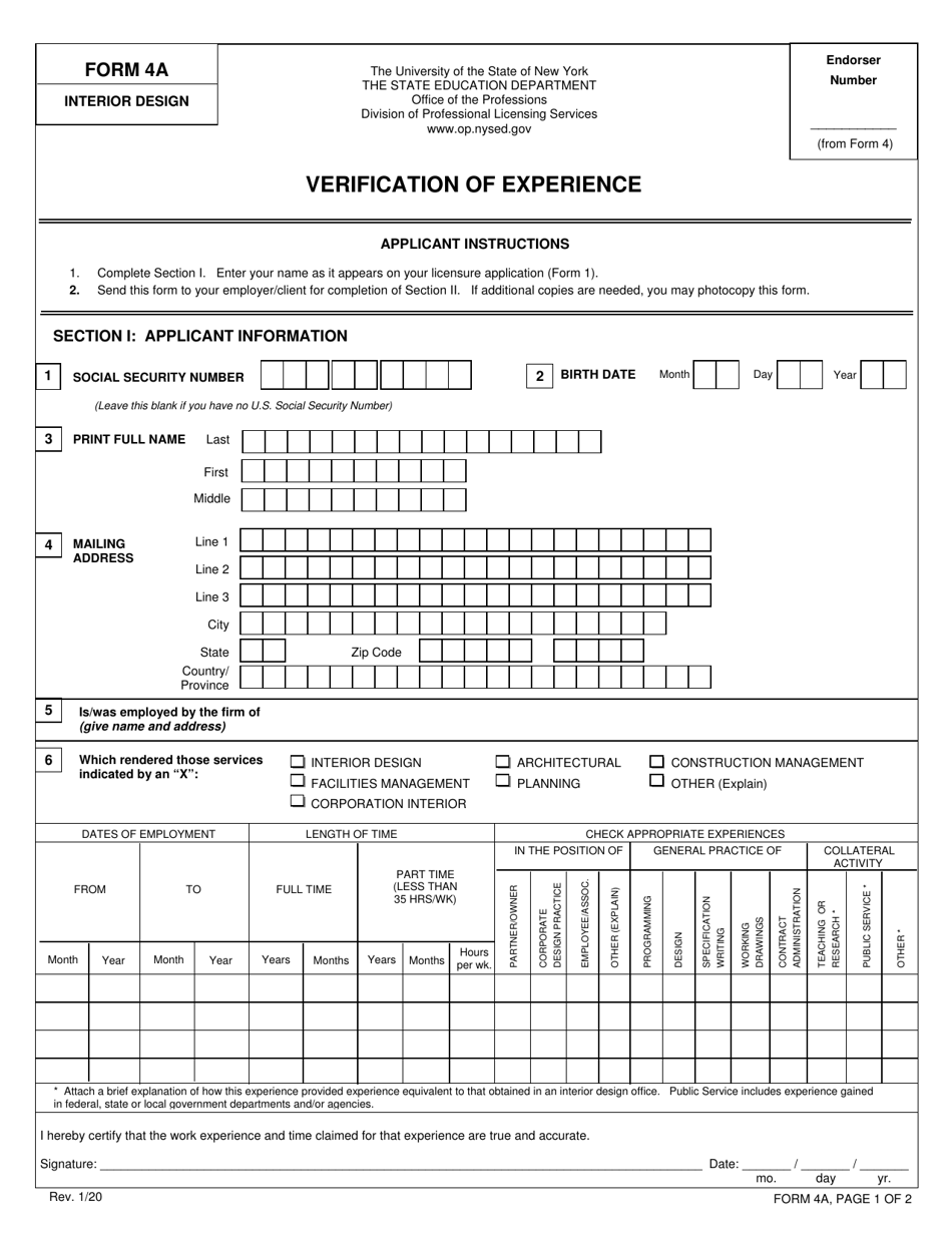 Interior Design Form 4A Verification of Experience - New York, Page 1