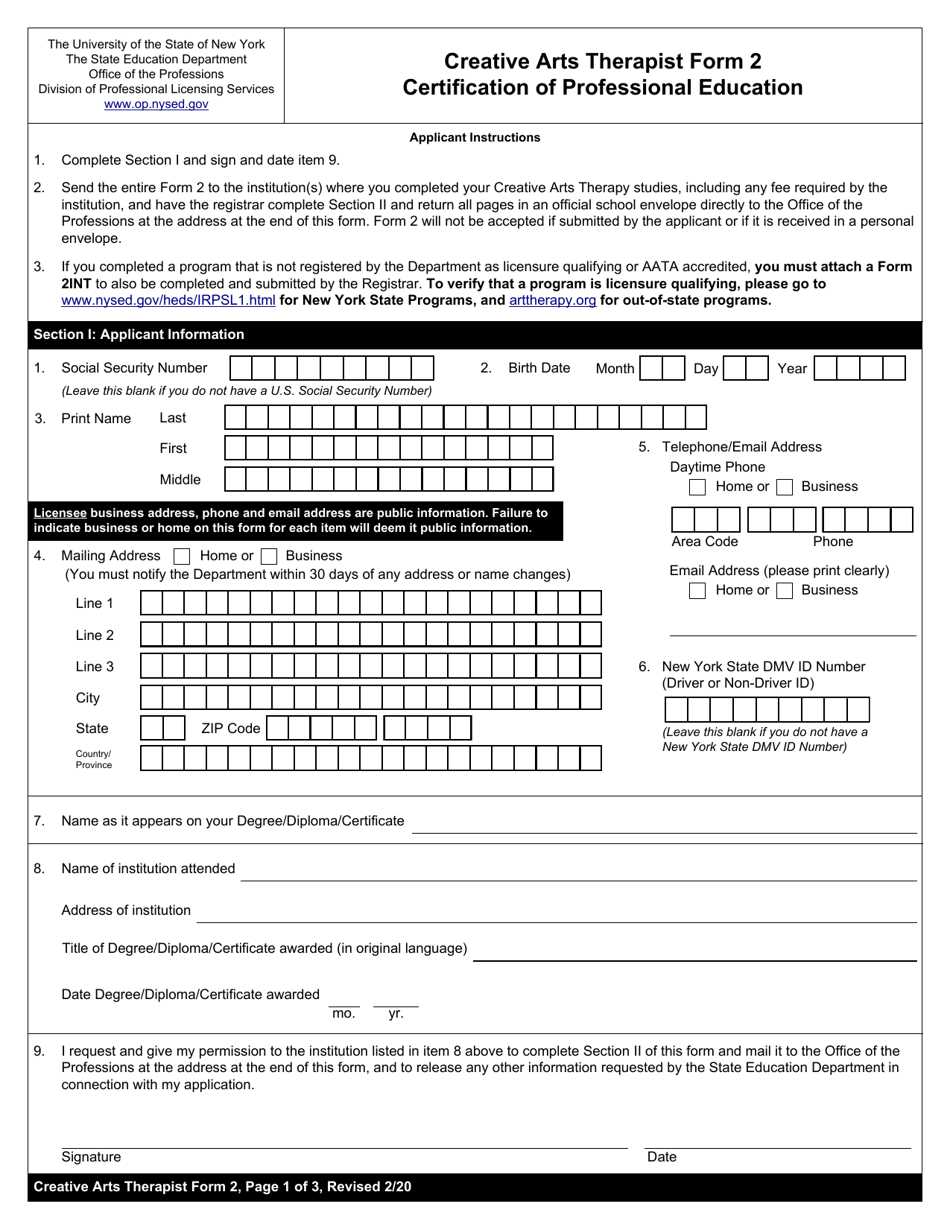 Creative Arts Therapist Form 2 Certification of Professional Education - New York, Page 1