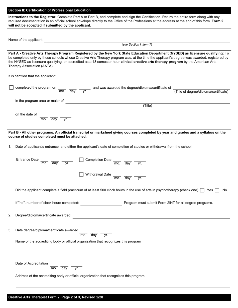 Creative Arts Therapist Form 2 Certification of Professional Education - New York, Page 2