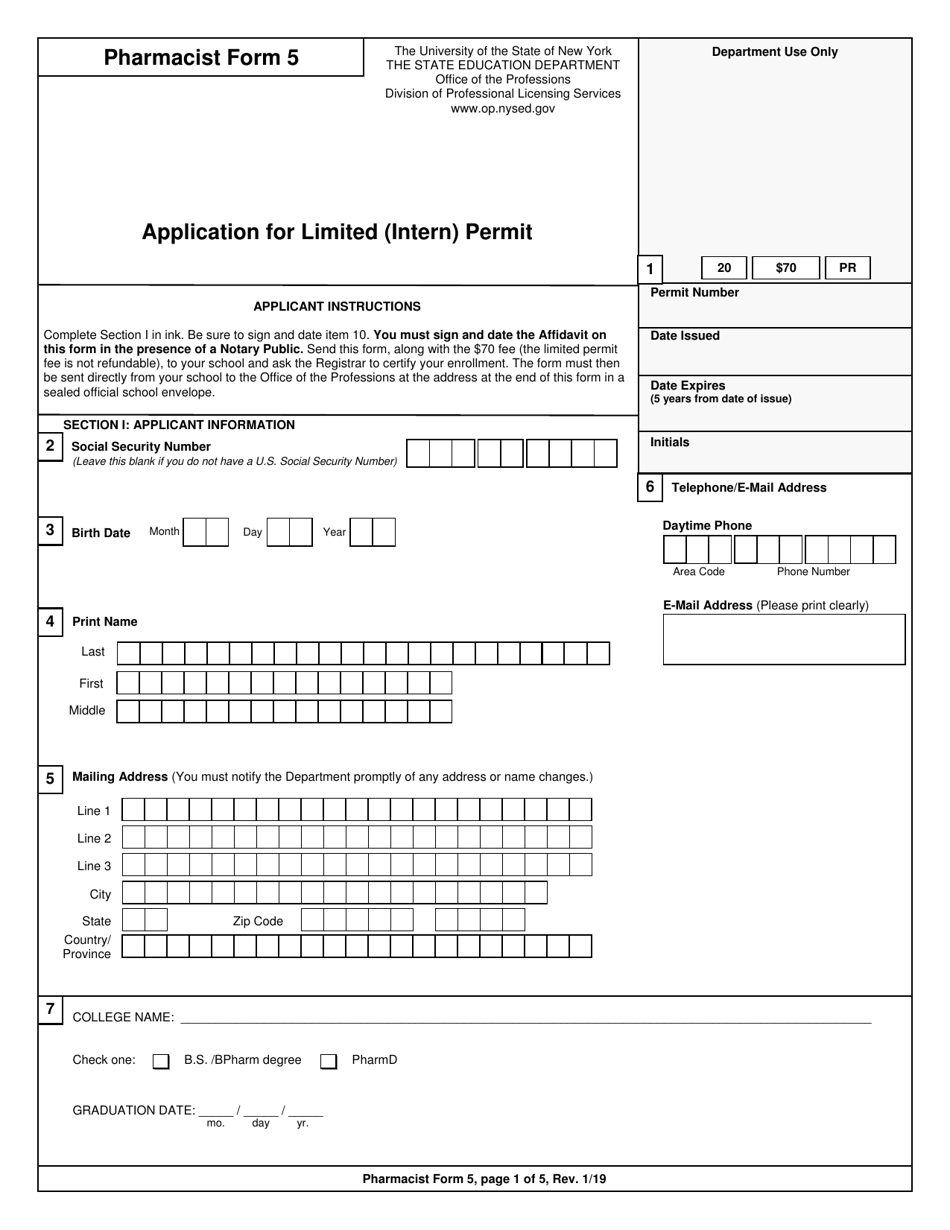 Pharmacist Form 5 Application for Limited (Intern) Permit - New York, Page 1