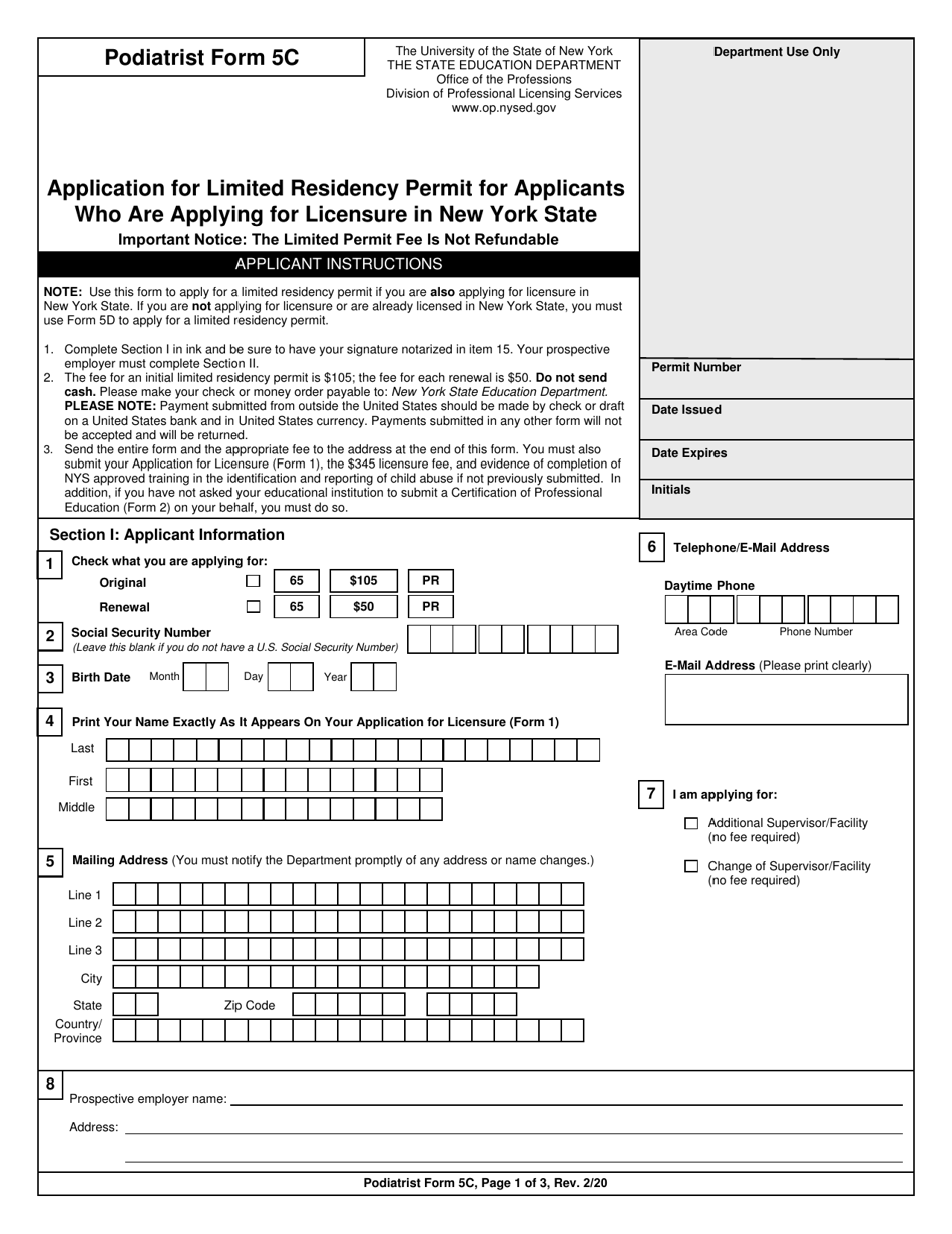 Podiatrist Form 5C Application for Limited Residency Permit for Applicants Who Are Applying for Licensure in New York State - New York, Page 1