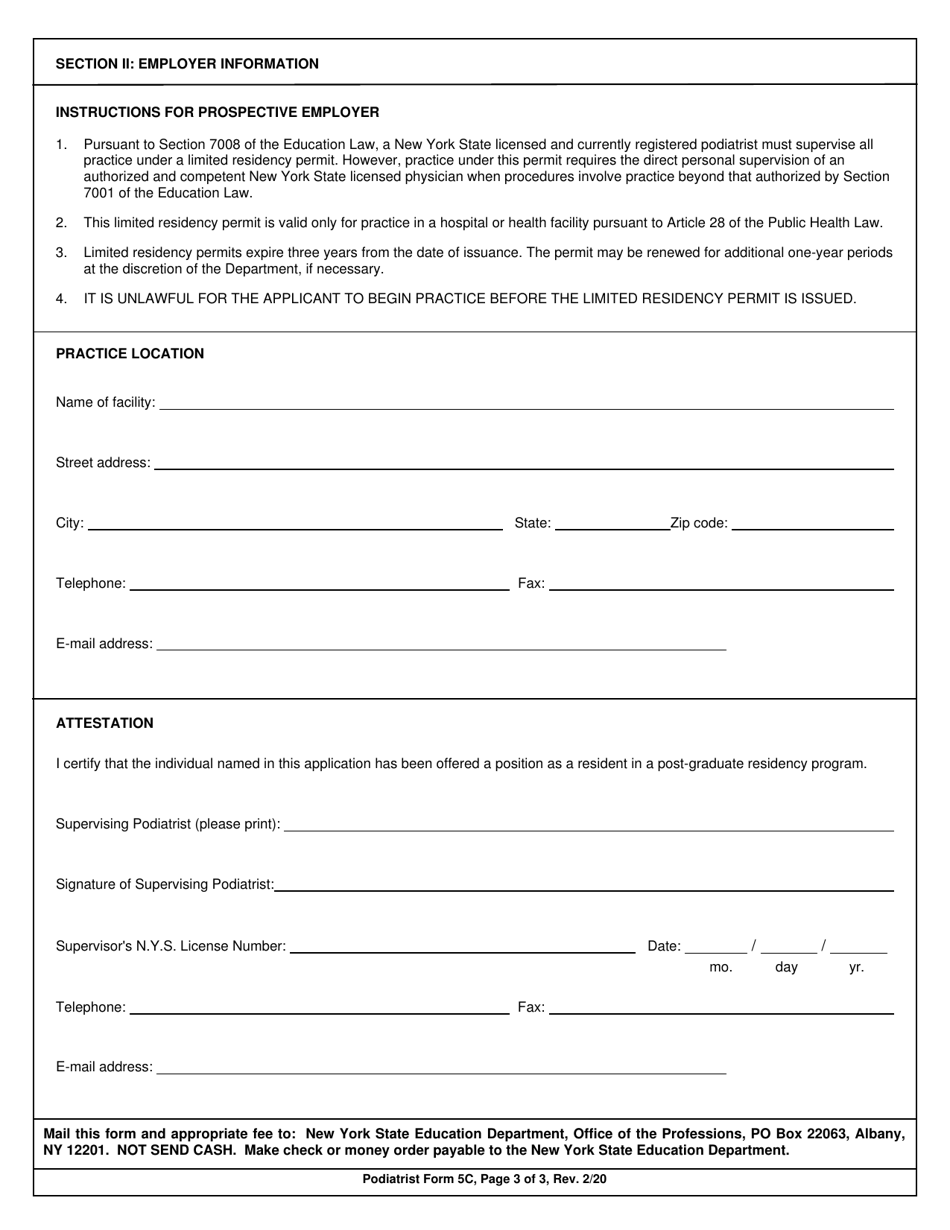 Podiatrist Form 5C Application for Limited Residency Permit for Applicants Who Are Applying for Licensure in New York State - New York, Page 3