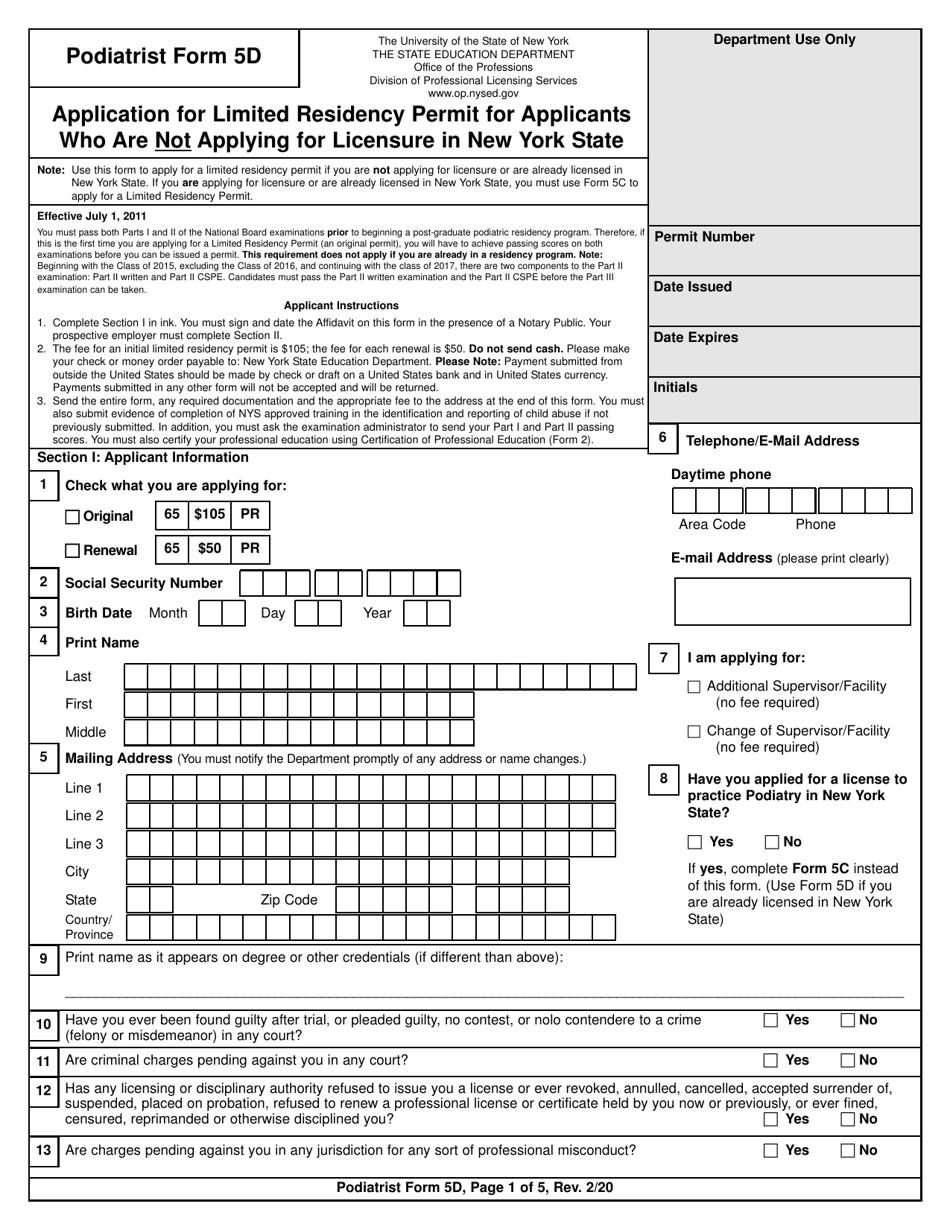 Podiatrist Form 5D Application for Limited Residency Permit for Applicants Who Are Not Applying for Licensure in New York State - New York, Page 1