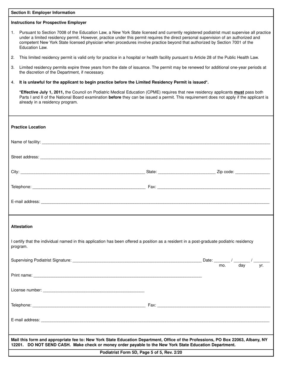 Podiatrist Form 5D Application for Limited Residency Permit for Applicants Who Are Not Applying for Licensure in New York State - New York, Page 5