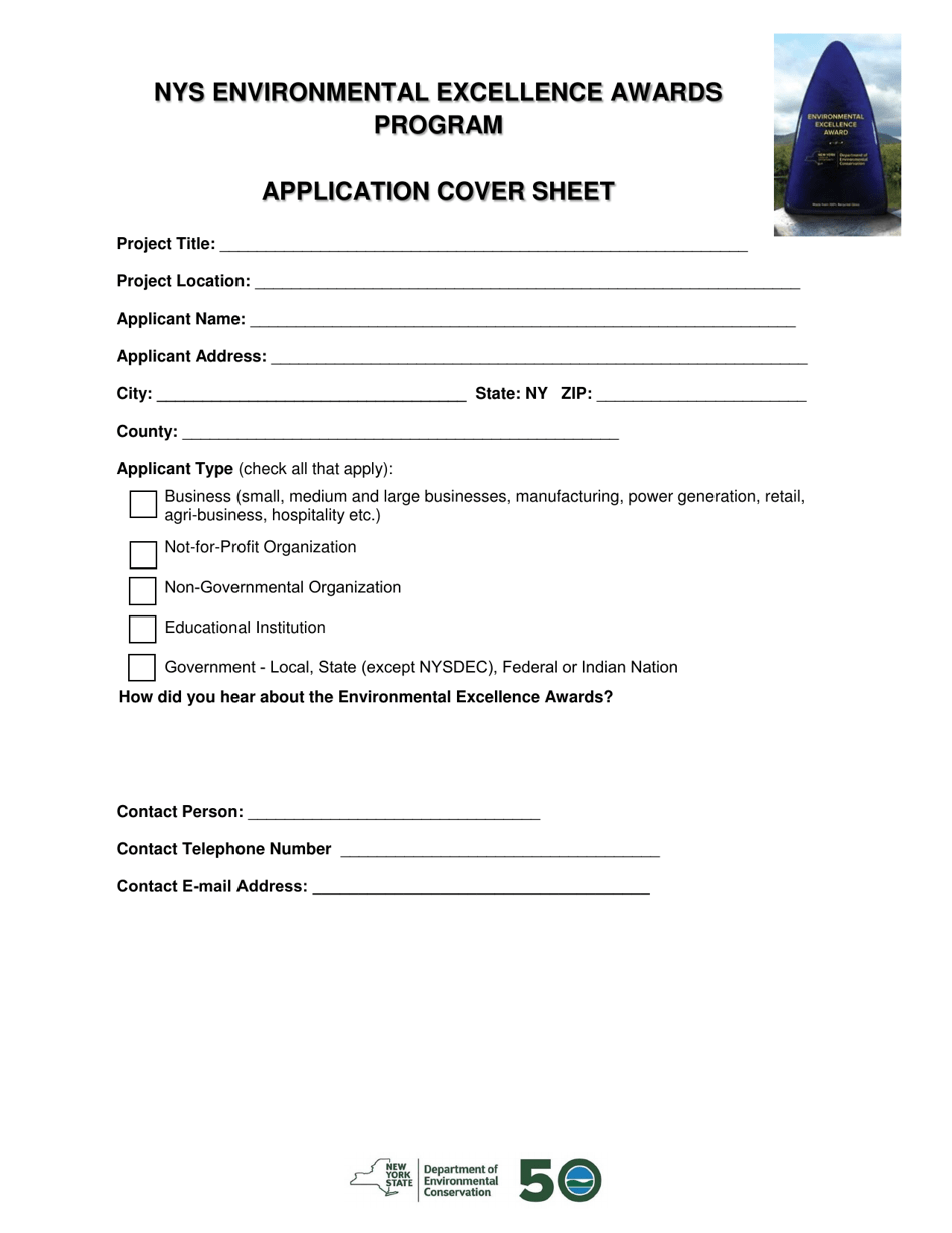 NYS Environmental Excellence Awards Program Application Cover Sheet - New York, Page 1