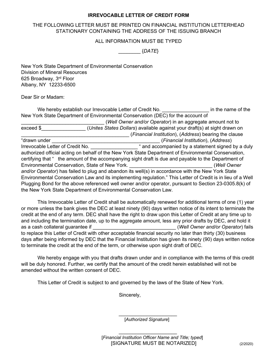 Irrevocable Letter of Credit Form - New York, Page 1