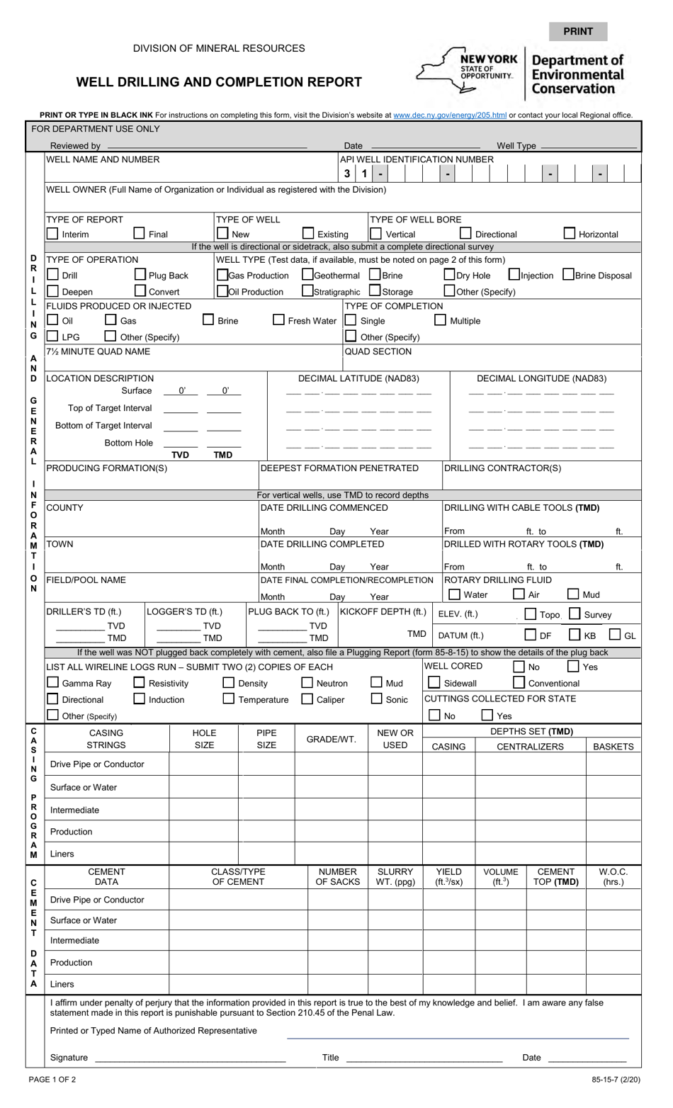 Form 85-15-7 Well Drilling and Completion Report - New York, Page 1