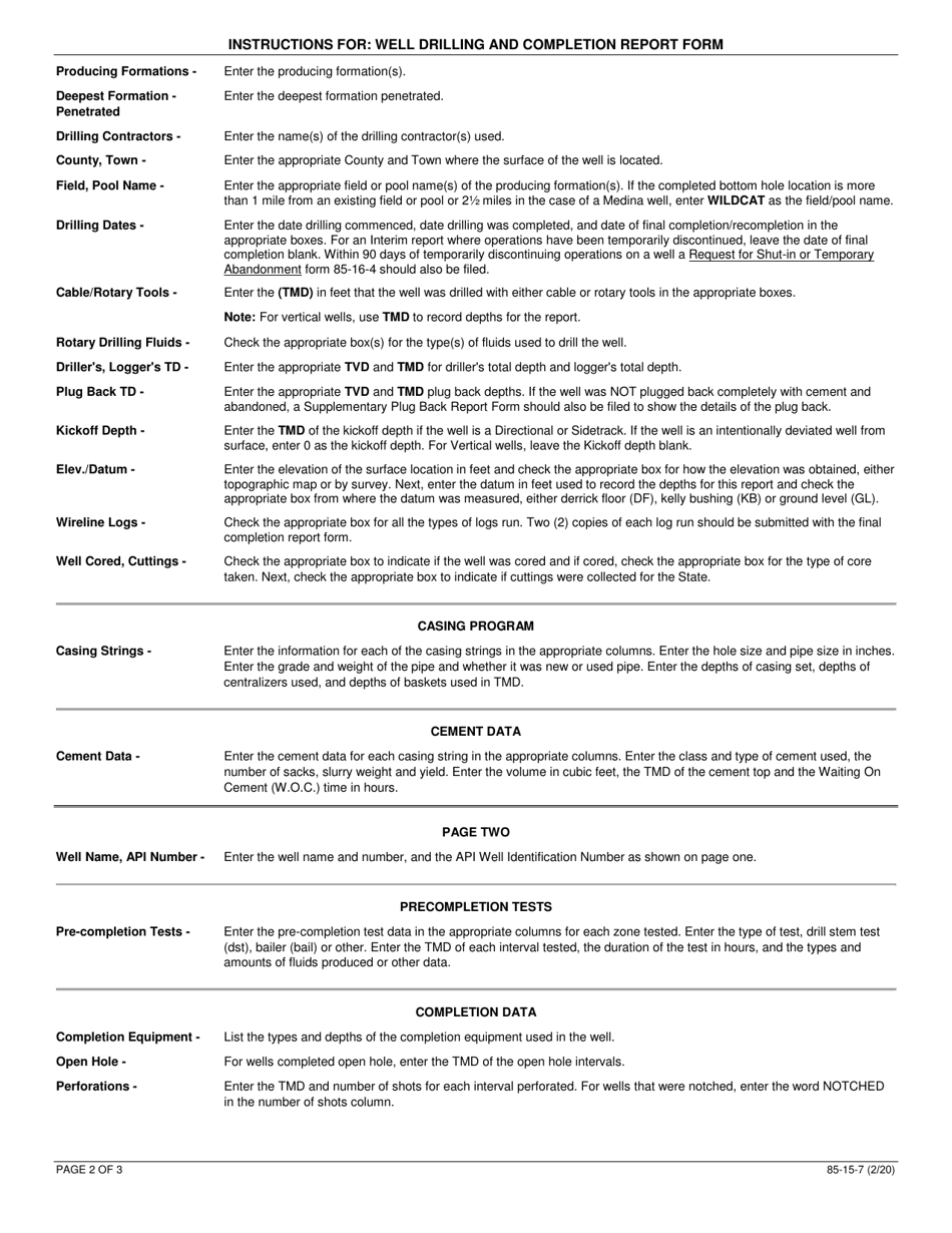 Instructions for Form 85-15-7 Well Drilling and Completion Report Form - New York, Page 2
