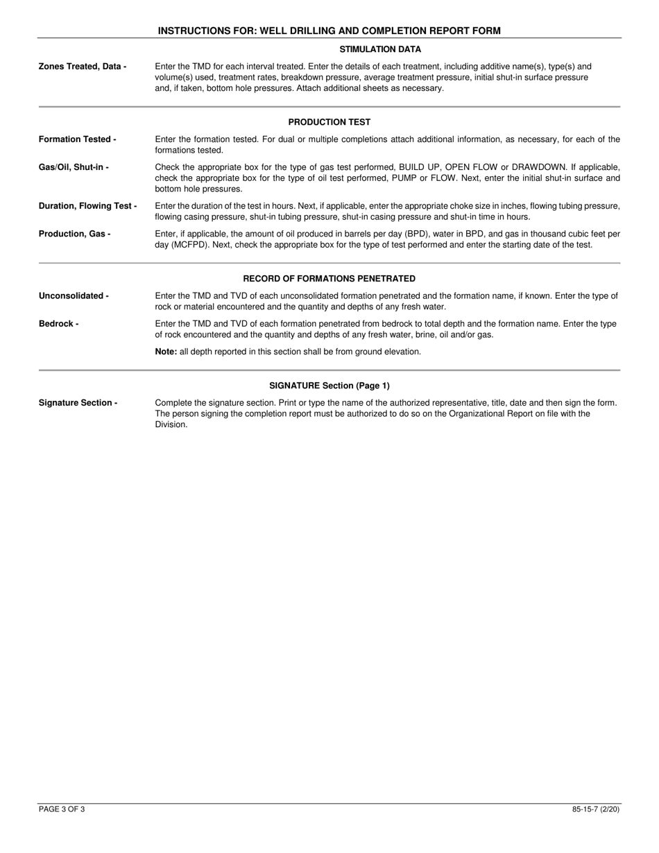 Instructions for Form 85-15-7 Well Drilling and Completion Report Form - New York, Page 3