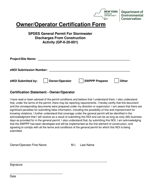 Owner/Operator Certification Form - New York Download Pdf