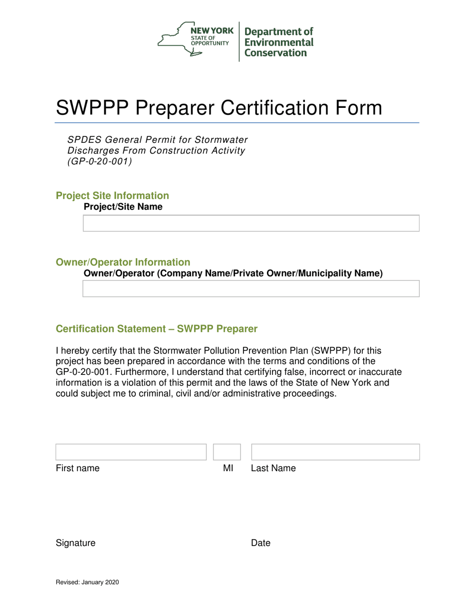 Swppp Preparer Certification Form - New York, Page 1