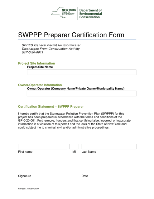 Swppp Preparer Certification Form - New York Download Pdf