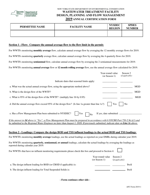 Wastewater Treatment Facility Design, Planning and Flow Management Annual Certification Form - New York Download Pdf