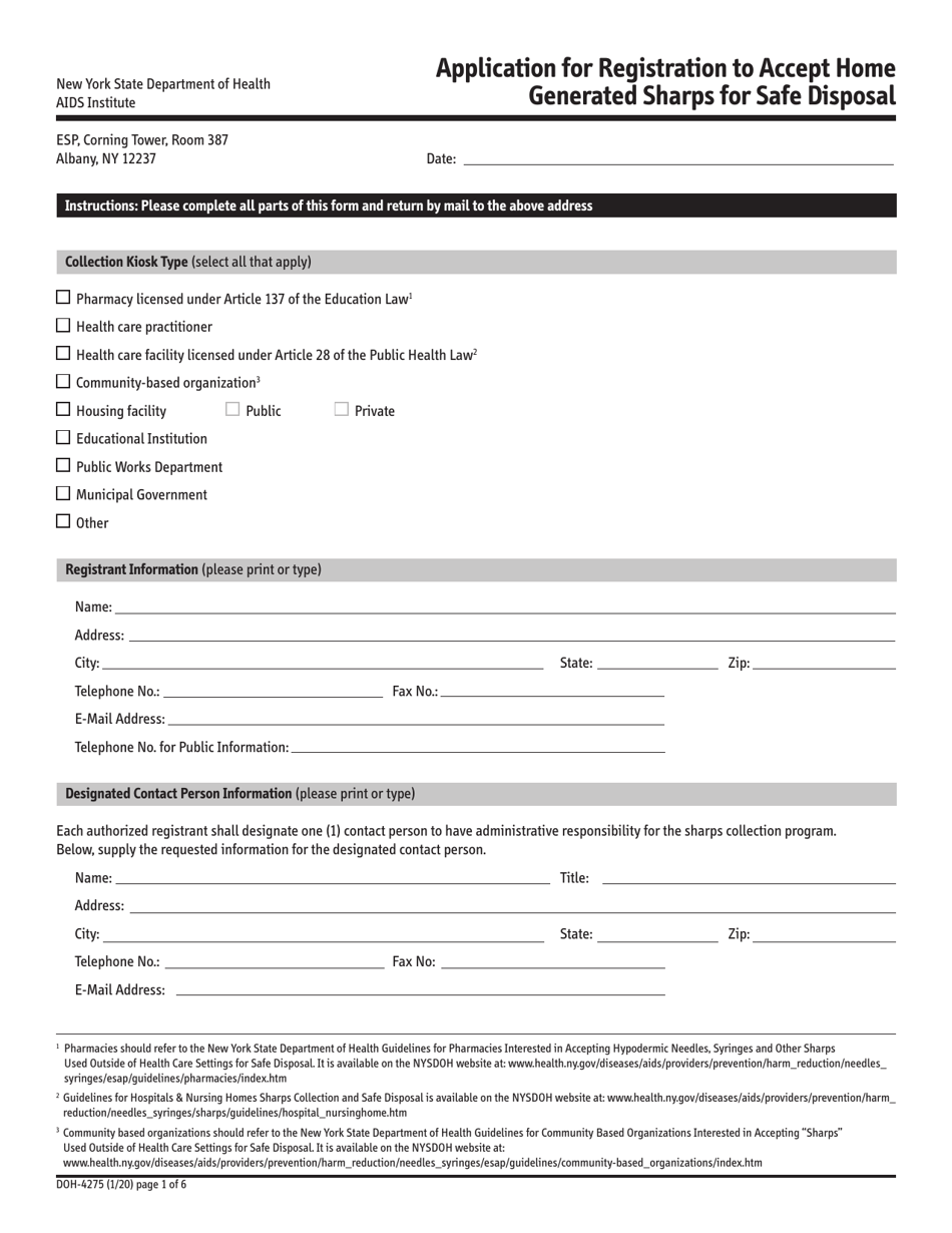 Form DOH-4275 Application for Registration to Accept Home Generated Sharps for Safe Disposal - New York, Page 1
