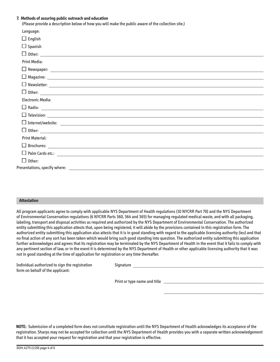 Form DOH-4275 Application for Registration to Accept Home Generated Sharps for Safe Disposal - New York, Page 4