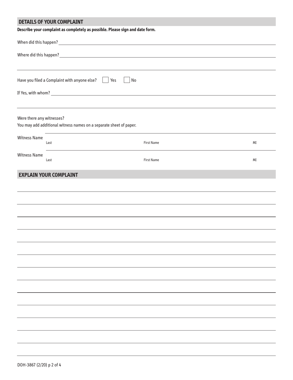 Form Doh-3867 Download Printable Pdf Or Fill Online Complaint Form, New 