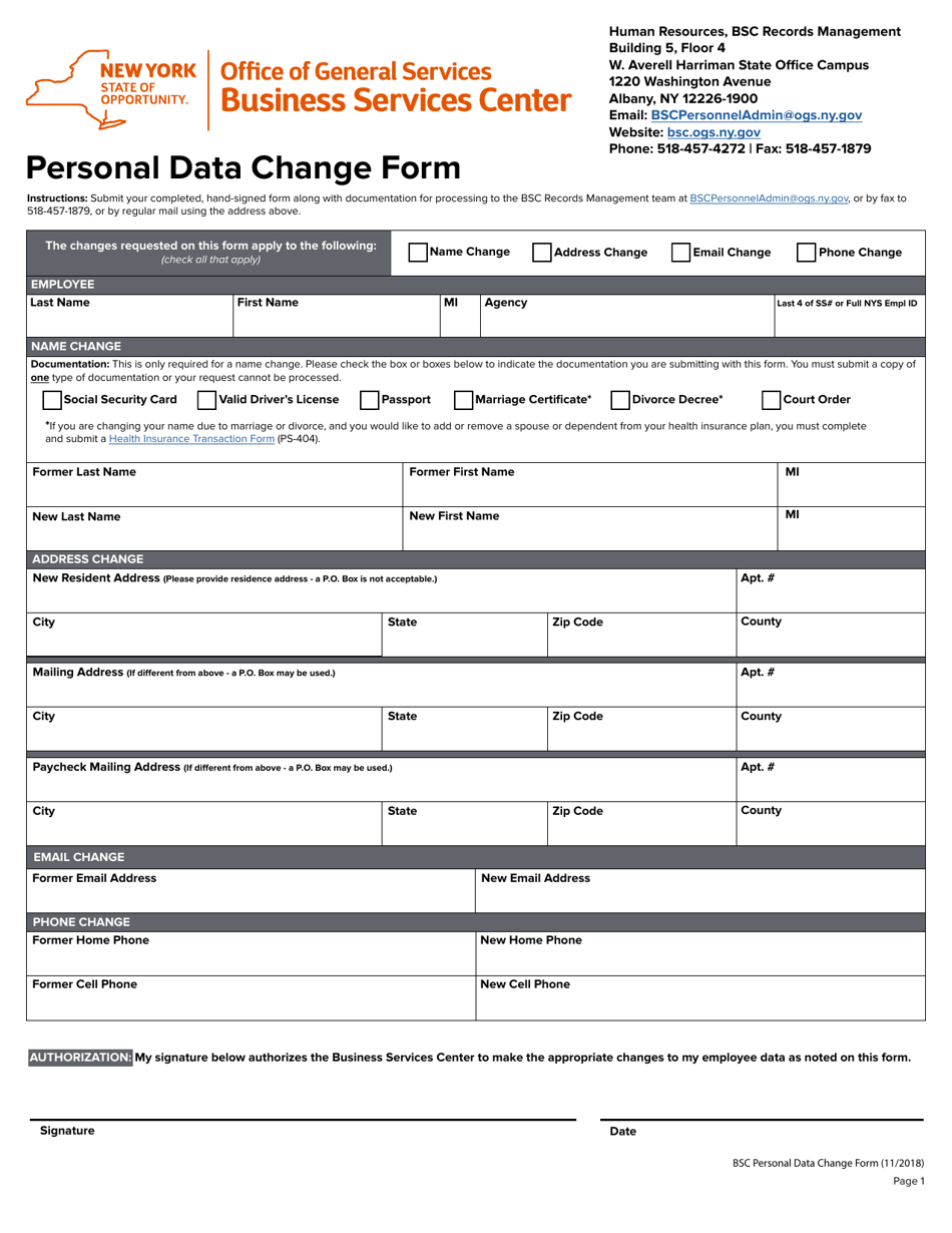 Personal Data Change Form - New York, Page 1