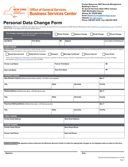 Personal Data Change Form - New York Download Pdf