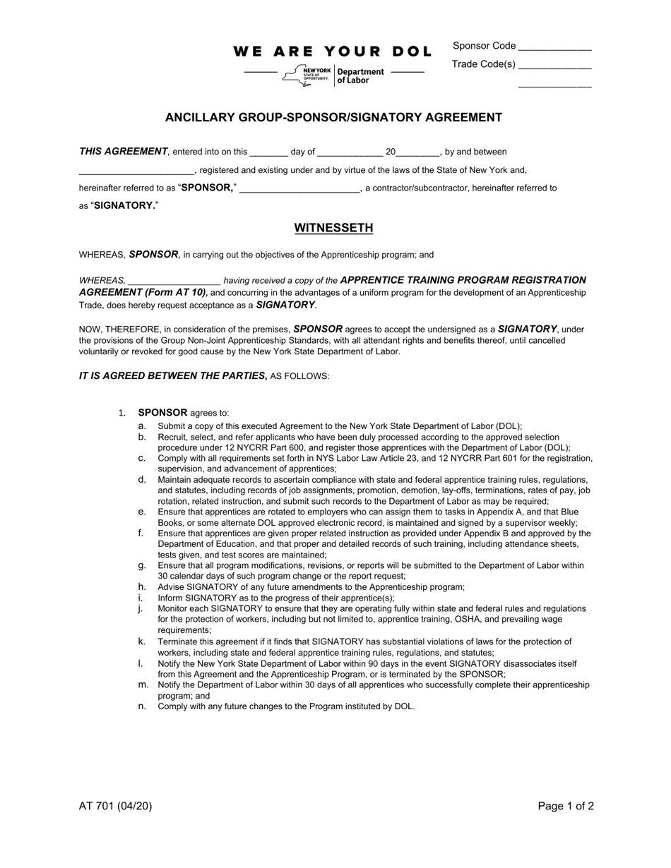 Form AT701 Ancillary Group-Sponsor / Signatory Agreement - New York, Page 1