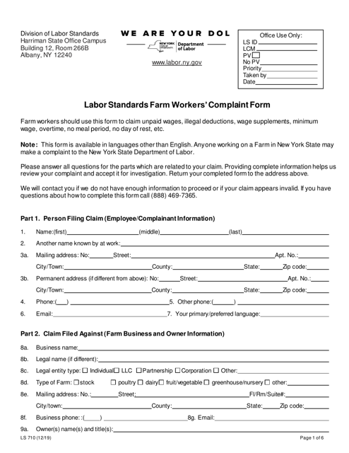 Form LS710 Labor Standards Farm Workers' Complaint Form - New York