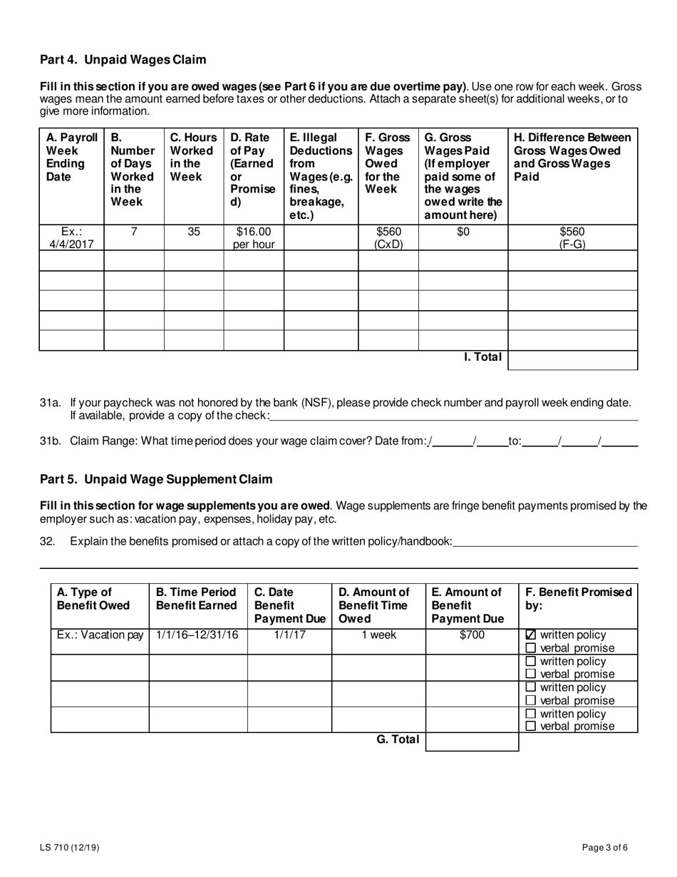 Form LS710 Labor Standards Farm Workers Complaint Form - New York, Page 3