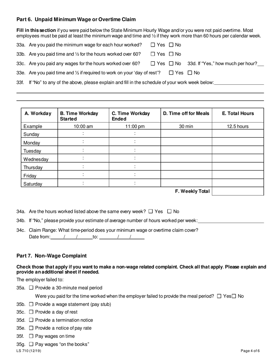 Form LS710 Labor Standards Farm Workers Complaint Form - New York, Page 4