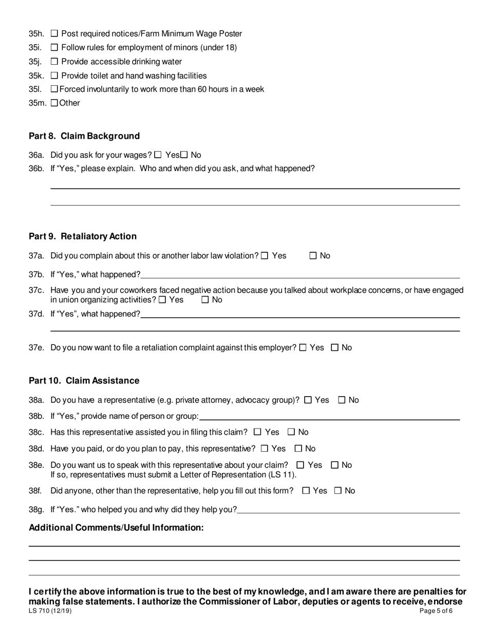 Form LS710 Labor Standards Farm Workers Complaint Form - New York, Page 5