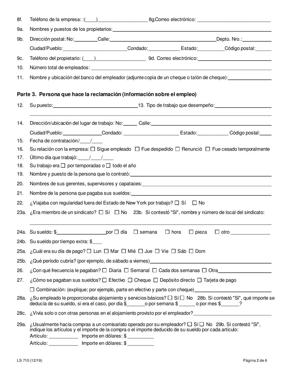 Formulario LS710 Formulario De Queja Sobre Normas Laborales Para Trabajadores Agricolas - New York (Spanish), Page 2