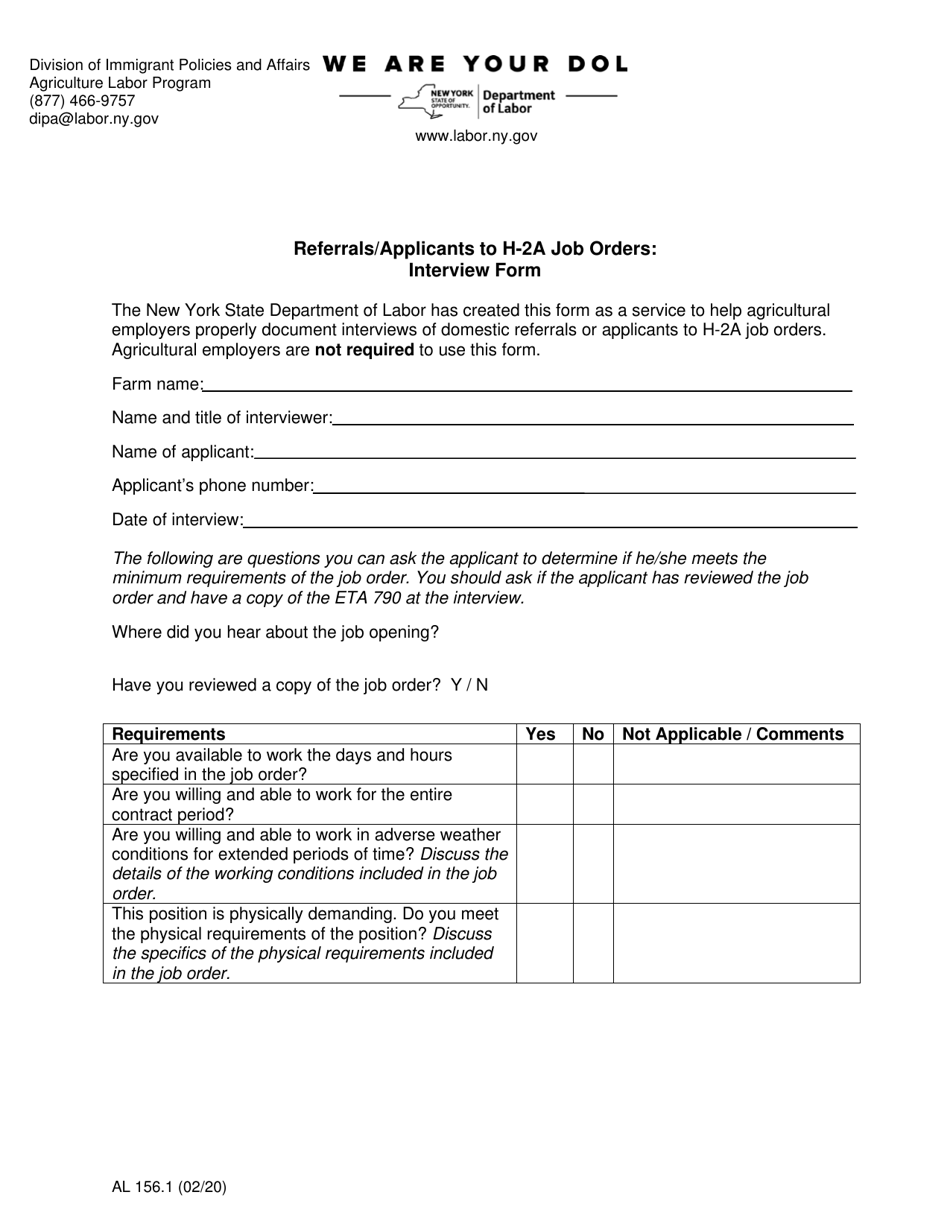Form AL156 Referrals / Applicants to H-2a Job Orders: Interview Form - New York, Page 3