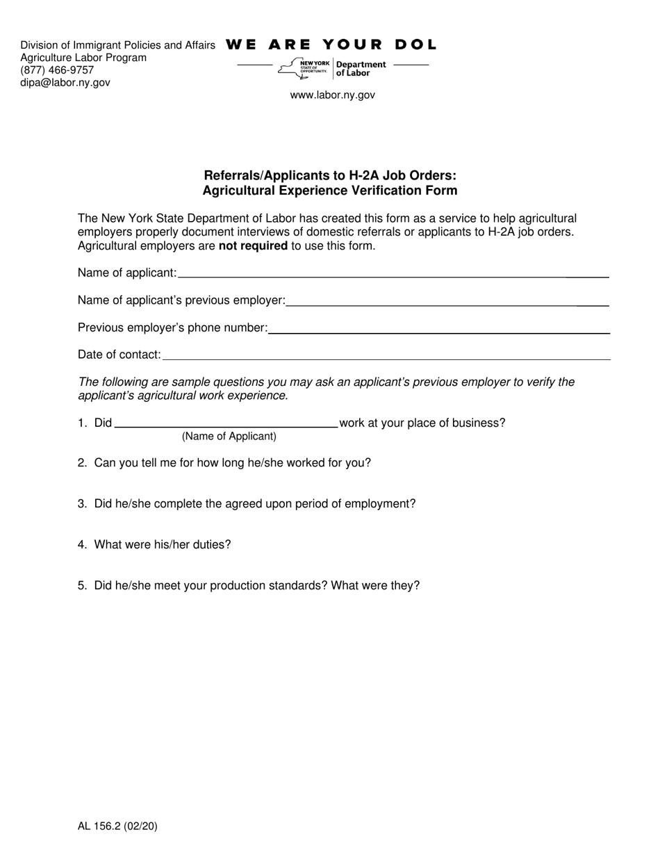 Form AL156 Referrals / Applicants to H-2a Job Orders: Interview Form - New York, Page 5