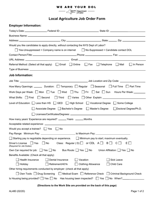 Form AL480 Local Agriculture Job Order Form - New York