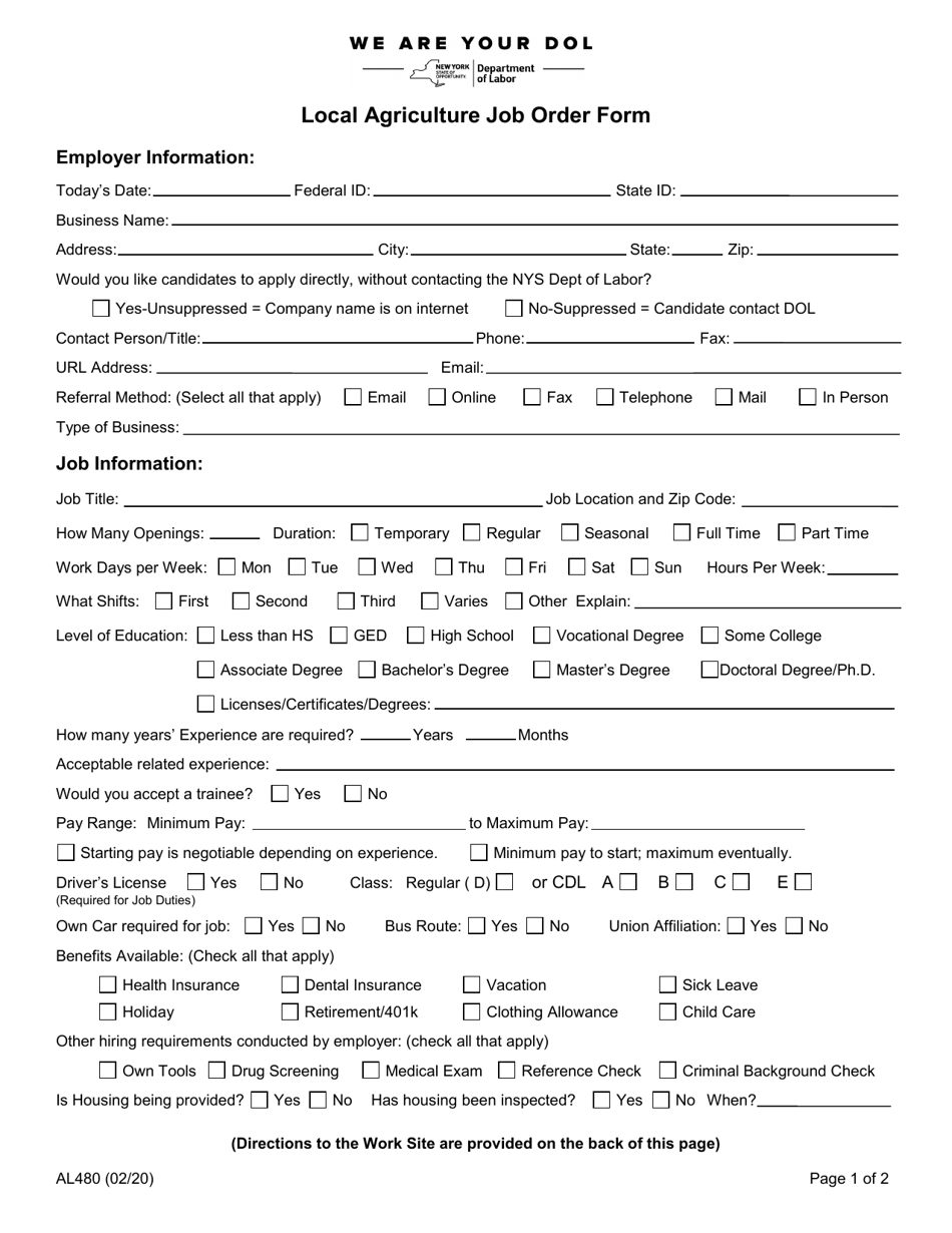 Form AL480 Local Agriculture Job Order Form - New York, Page 1