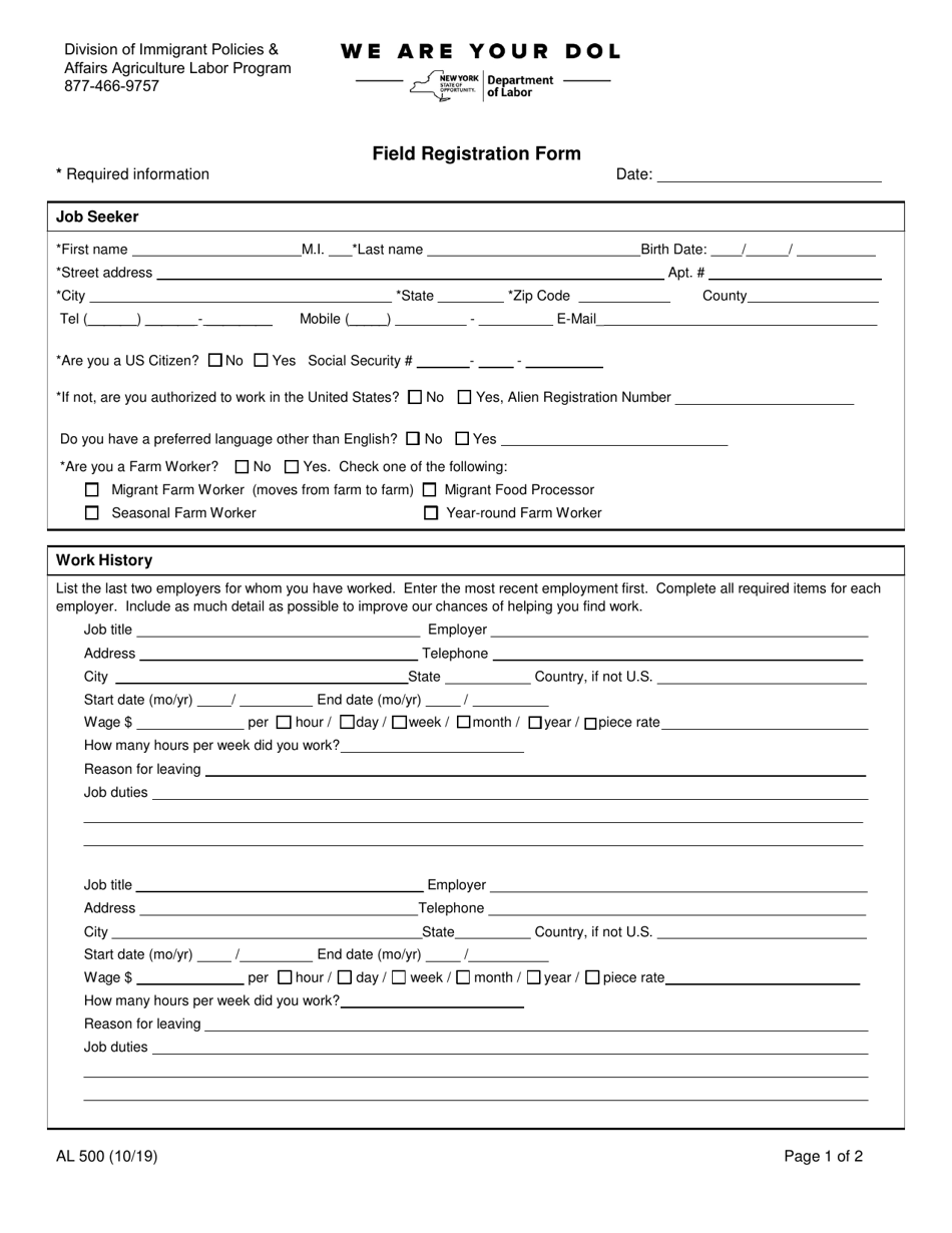Form AL500 Field Registration Form - New York, Page 1