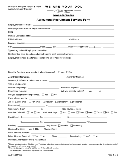 Form AL515 Agricultural Recruitment Services Form - New York