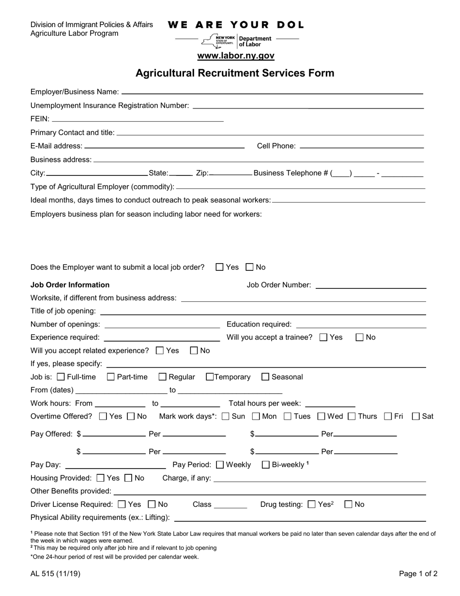 Form AL515 Agricultural Recruitment Services Form - New York, Page 1
