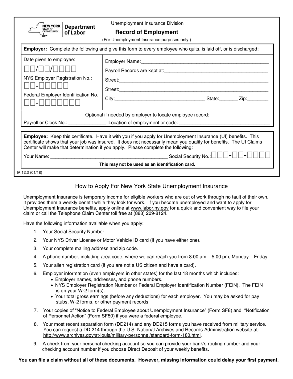 Form IA12.3 Record of Employment - New York, Page 1
