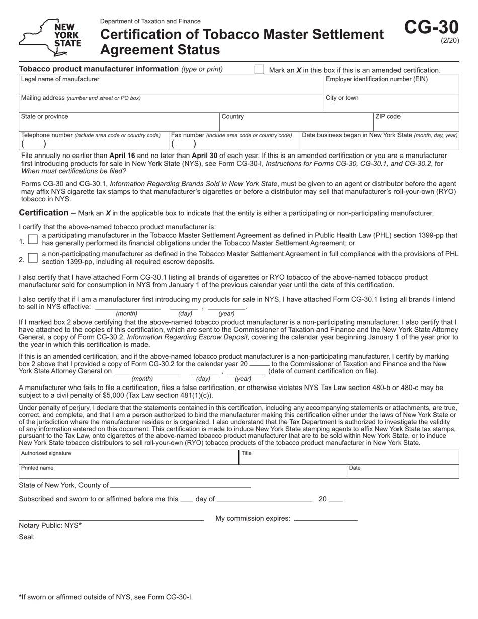 Form CG-30 Certification of Tobacco Master Settlement Agreement Status - New York, Page 1