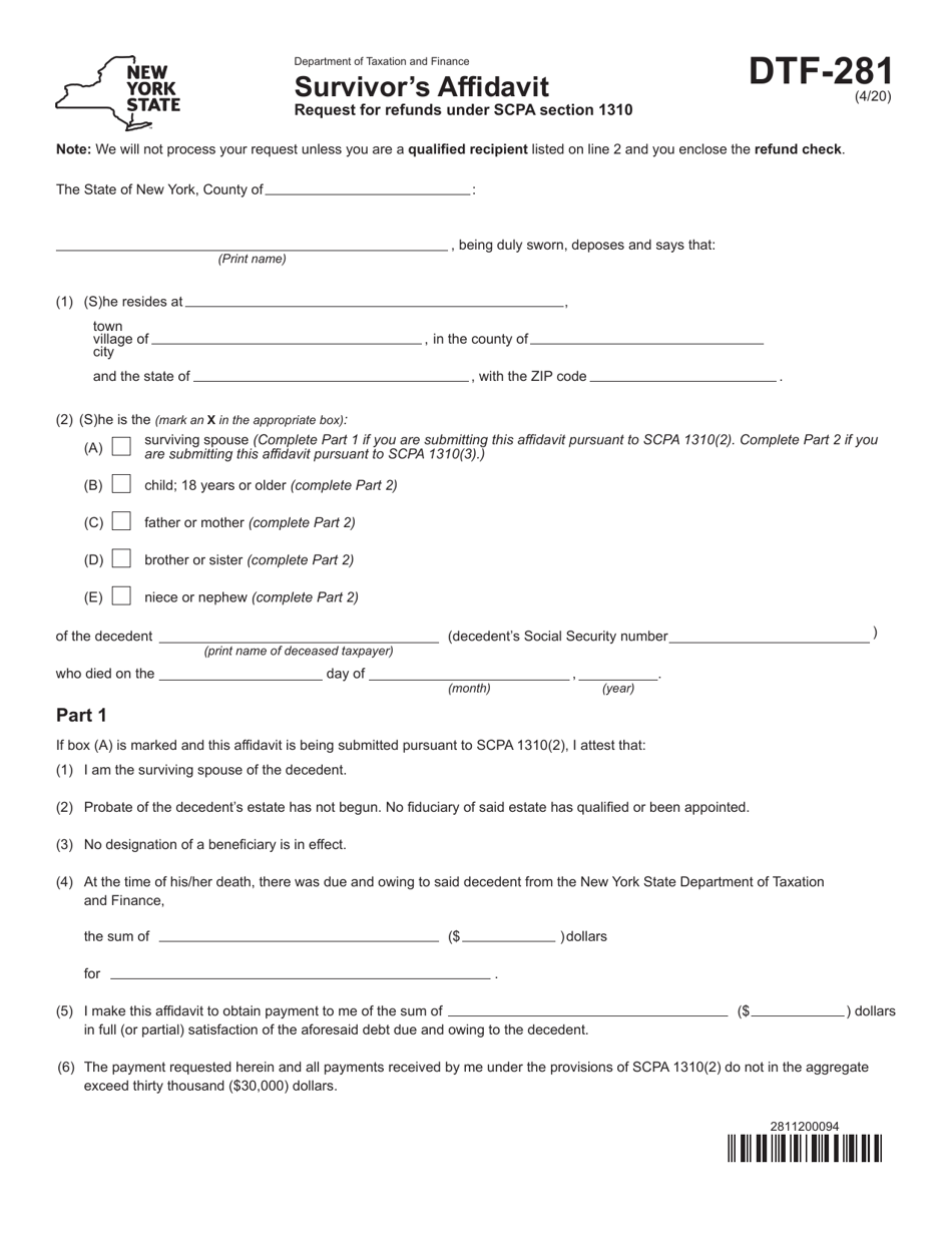 Form DTF-281 Survivors Affidavit - New York, Page 1