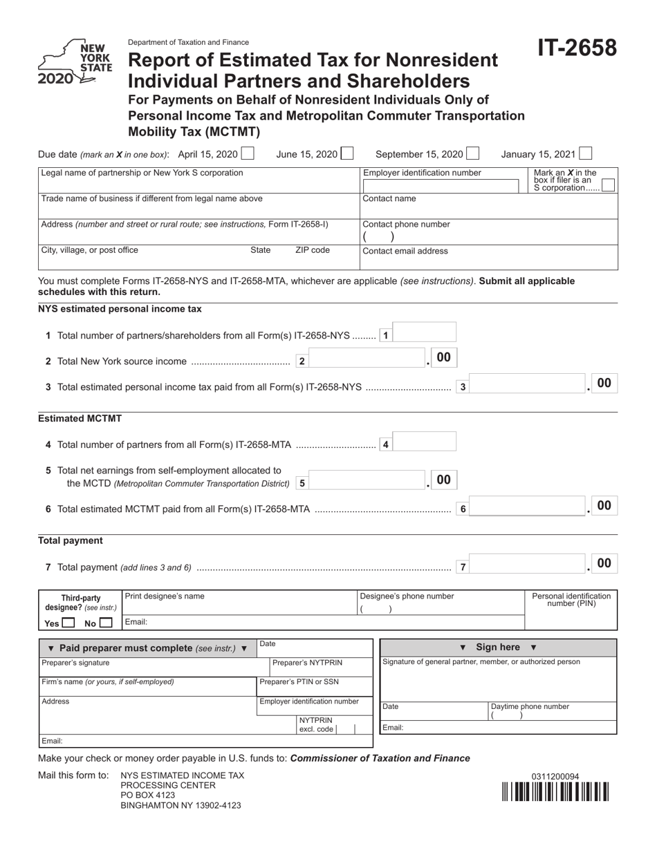 Form IT-2658 Report of Estimated Tax for Nonresident Individual Partners and Shareholders for Payments on Behalf of Nonresident Individuals Only of Personal Income Tax and Metropolitan Commuter Transportation Mobility Tax (Mctmt) - New York, Page 1