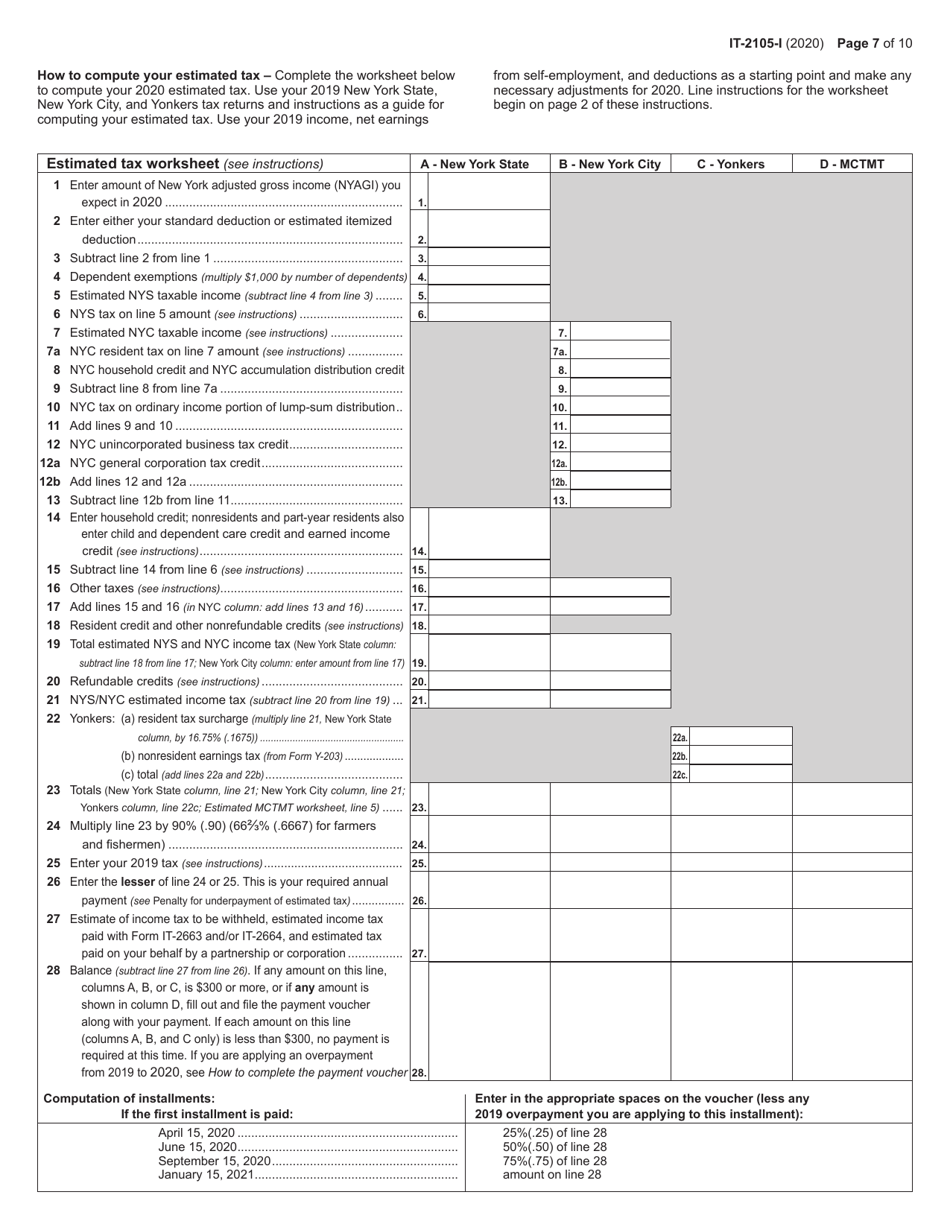 Instructions for Form IT-2105 Estimated Tax Payment Voucher for Individuals - New York, Page 7