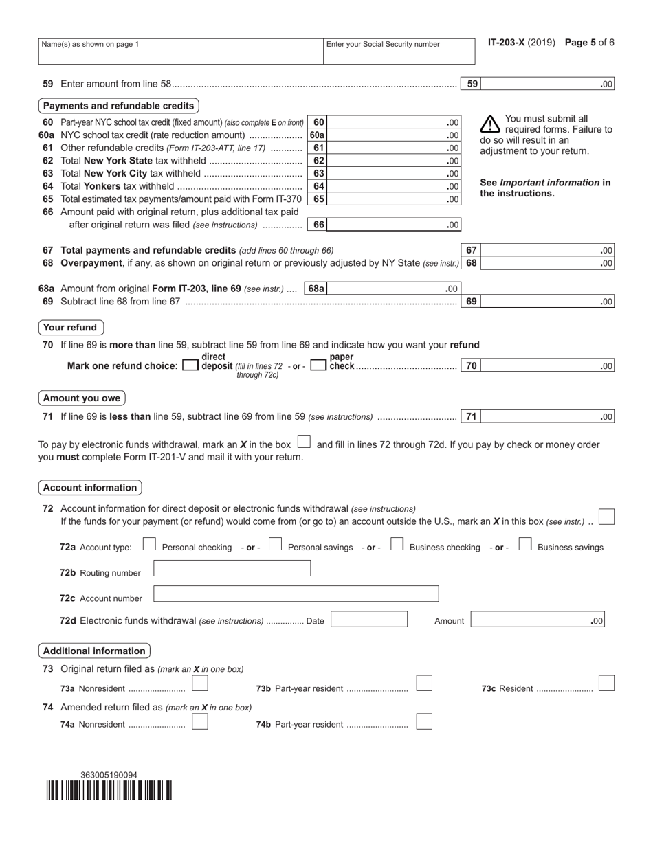 Form IT-203-X Amended Nonresident and Part-Year Resident Income Tax Return - New York, Page 5