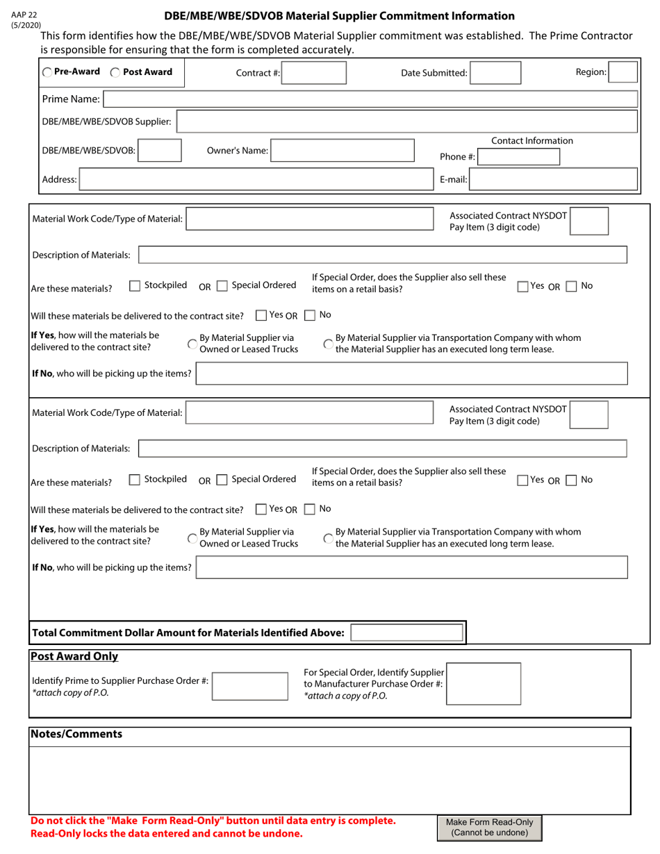 Form AAP22 Dbe / Mbe / Wbe / Sdvob Material Supplier Commitment Information - New York, Page 1